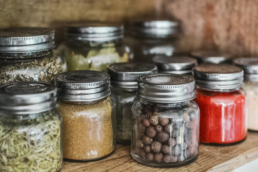 Spices inside in recycled jars