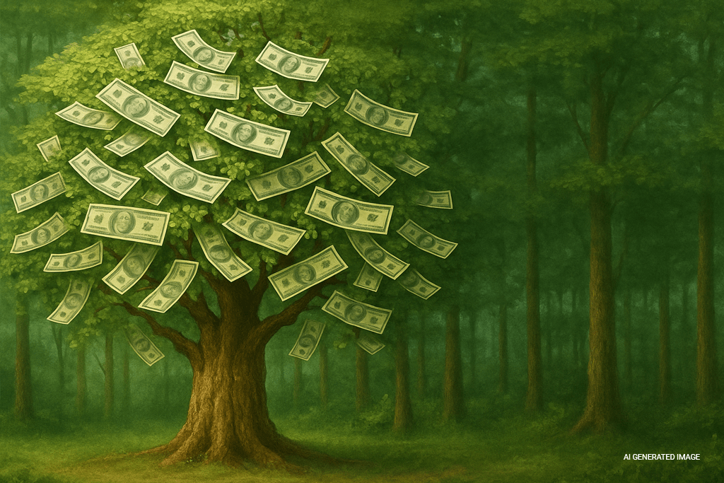 AI generated image of trees with money on the leaves