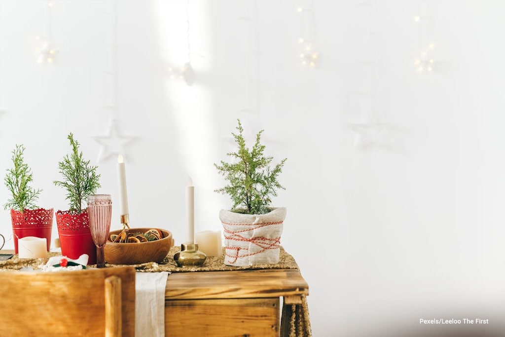 wooden bowl near potted plants and candles-